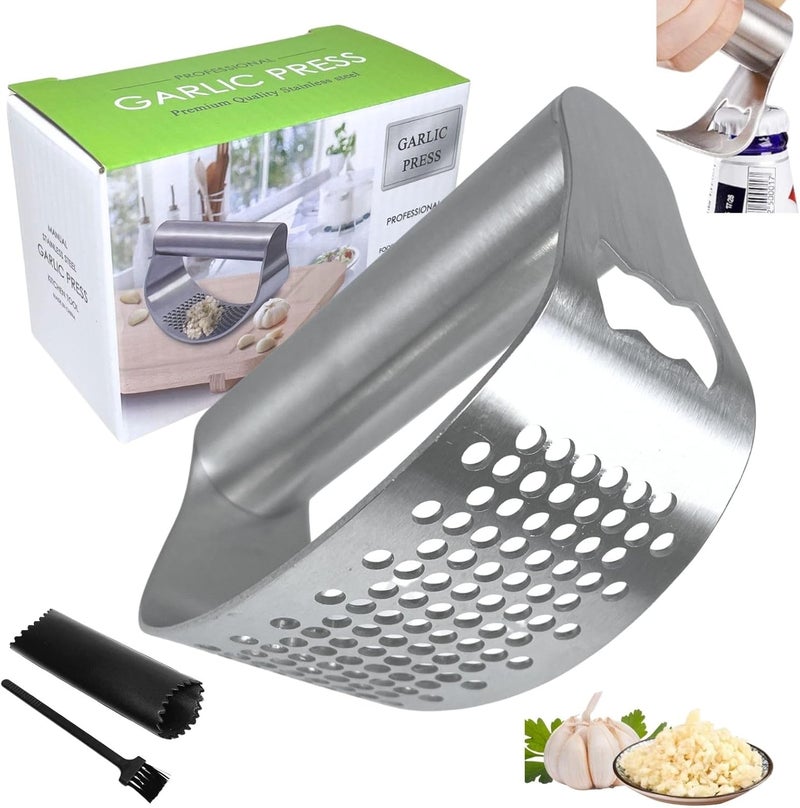 BOKKY Stainless Steel Garlic Press Rocker with Bottle Opener, 304 Heavy Duty Garlic Mincer & Crusher Tool with Peeler and Cleaning Brush, Easy-Clean Garlic Chopper Kitchen Gadget - Image 1